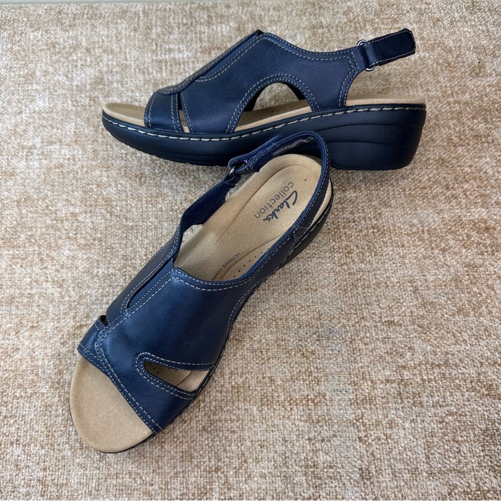 Clarks Merliah Blue Leather Slingback Wedge Sandals Women’s Size 10N